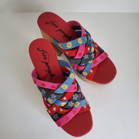 FREE PEOPLE Embroidered Woven  Leather Platform Slip Ons Cork Wedges Boho Mules - Picture 9 of 10